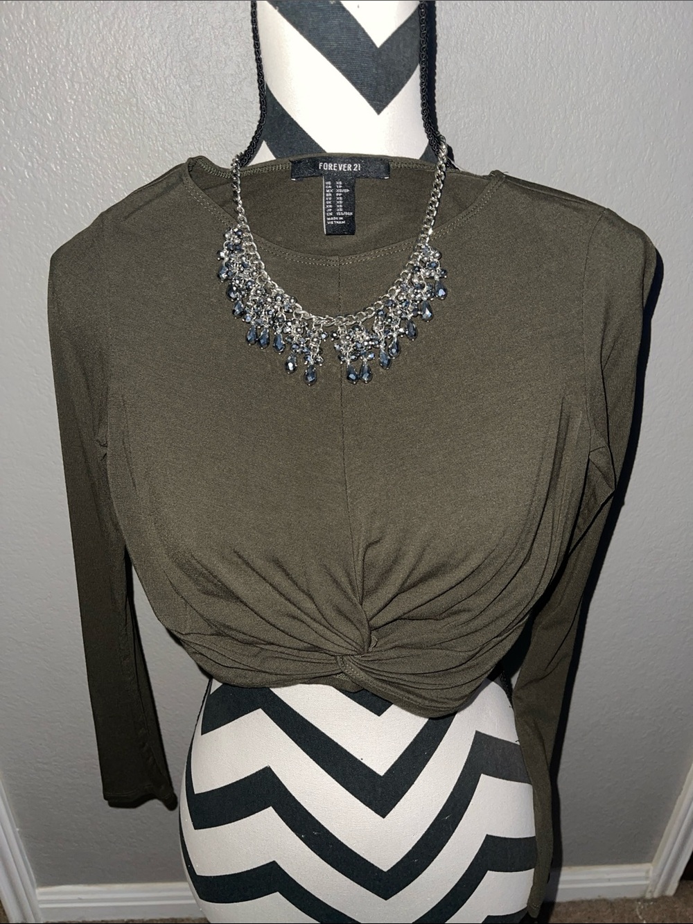 Forever 21 Olive Twisted Front Long Sleeve Crop Top